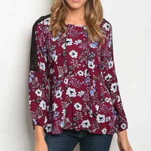 NWT Berry floral print LS Top w/Black lace detail